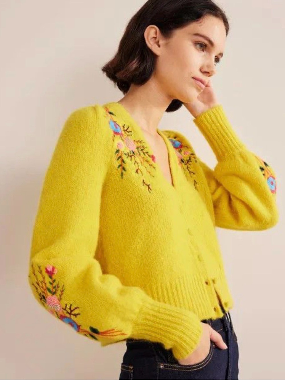 BODEN Embroidered & Beaded Yellow V-Neck Wool Alpaca Colorful Cropped Cardigan S